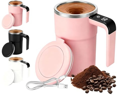 Dewppxi Self-Stirring Magnetic Coffee Cup with Temp Display, Rechargeable Self Stirring Mug with Lid, Automatic Magnetic Stirring Coffee Mug for Coffee, Milk and Other Beverages (Pink)