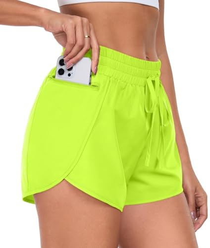 PrinStory Sportbyxor, dam, korta löparshorts, 2-i-1 sidoslits, sportshorts med mobiltelefonficka, Neongrön, M
