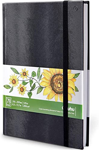 Ohuhu A4 Alkoholmarker Skizzenbuch - 200 g/m² säurefreies Papier, 156 Seiten (78 Blätter), 21x29,7 cm Hardcover mit Premium PU-Einband, Sketchbook für Aquarell, Marker & Illustration