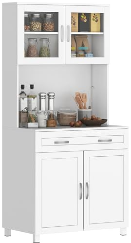 HOMCOM 67 Pantry Cabinet, Modern Kitchen Hutch, Freestanding Storage Cabinet with Glass Doors, Adjustable Shelves and Drawers for Home, Dining Room, Living Room, White