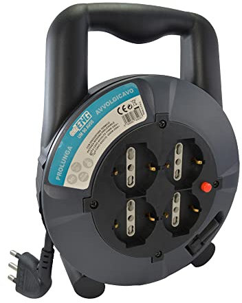 Prolunga Elettrica Avvolgicavo 5 mt, 4 Prese Polivalenti (Schuko + 10/16A), Spina 16A, Sezione Cavo 3G1,5 mm² - echoENG