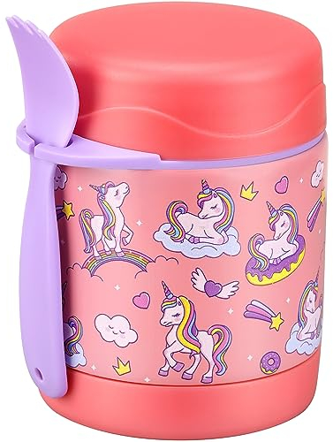 10oz Soup Thermo for Hot Food Kids,Lunch Thermo Kids Food Jar with Spoon Hot Insulated Food Containers,Leak Proof Stainless Steel Wide Mouth Lunch Food Thermo Jar for School(Pink-Unique Horse)