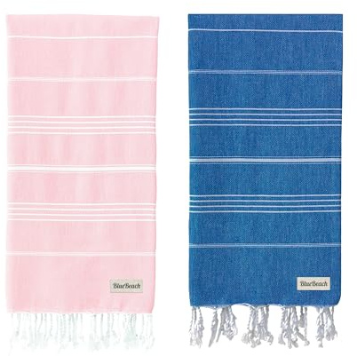 Blue Beach Lot de 2 grandes serviettes de hammam turc Peshtemal - Super absorbantes, à séchage rapide, légères et compactes pour la natation, le bain, la salle de sport et les voyages (bleu + rose)