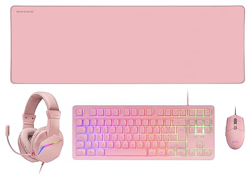Mars Gaming MCP-RGB3, Pack Gaming Teclado Fixed RGB + Ratón Gaming RGB Flow 3200 dpi + Auriculares Over-Ear RGB + Alfombrilla XXL, Rosa, Idioma Portugués