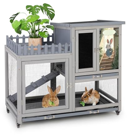 Wood Rabbit Hutch with Balcony - Small Animal House Bunny Cage on Wheels for Indoor Outdoor, Rabbit Cage Included Ramp, Pull Out Tray, (Grey with Pattern)