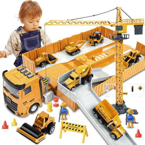 Aolso Kinder BAU LKW Spielzeug, Baufahrzeuge Kinder groß LKW Fahrzeug Spielzeug, Engineering Kran, Bagger, Bulldozer Dampfwalze, Jungen Spielzeug für Kinder Jungen 3 4 5 6 7 8 Jahre