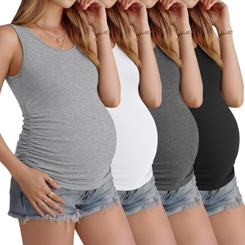 Ficerd 4 Pcs Womens Maternity Sleeveless Tank Tops | Pregnancy T-Shirts, Crew Neck, Side Ruched, Slim Fit, Cotton Blend, Casual, Basic, Layer, Postpartum, Breastfeeding, Work