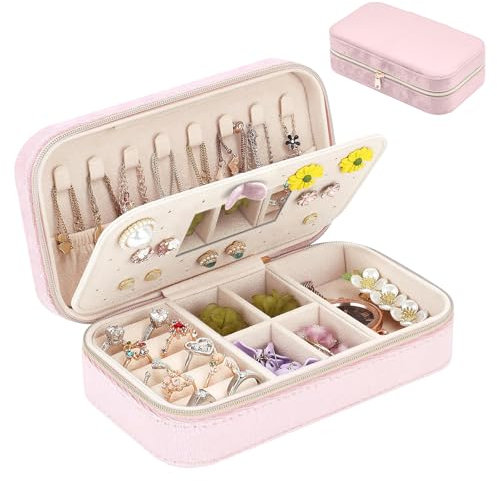 Jewellery Box, Travel Jewelry Case with Mirror, PU Leather Jewellery Storage for Women, Portable Small Jewelry Organiser Storage for Rings Earrings Necklace Bracelets (Baby Pink)