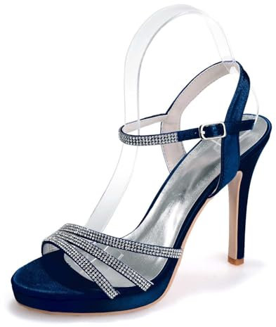 UPPJPBSW Women's Wedding Shoes for The Bride, Open and Round Toe, Satin, with Rhinestones, Mary Jane Style, Smock Heel with Buckle, Bridal Dark Black