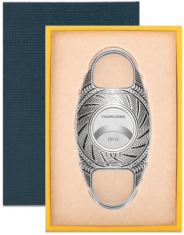CIGARLOONG Tagliasigari in acciaio inox, taglio dritto, a doppia lama, fino a 57 anelli, con confezione regalo, regalo per uomo (argento)