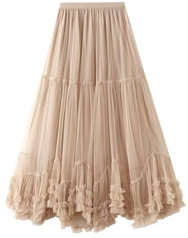 COZYPOIN Maxi Tulle Skirts for Women Elastic High Waisted A Line Long Layered Tutu Mesh Ruffles Tiered Flowy Fairy Skirt(Champagne-M)