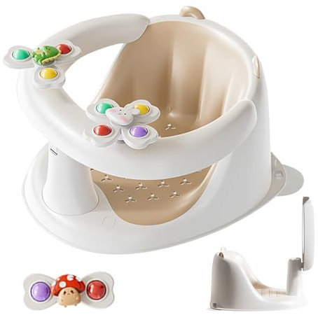 Siège de Bain Antidérapant pour Bébé (6 Mois et Plus), Avec Jouets Rotatifs, Enveloppant, Ajustement Parfait, Matériau Écologique et Inodore, pour Jeux Dans la Salle de Bain, la Piscine