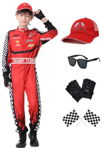 Dzorim Costume da Pilota di Auto, Abbigliamento per Piloti da Corsa, Dress Up con guanti Occhiali da sole Berretto (Rosso, 150)