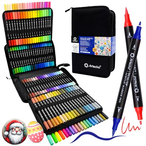 Marcadores de pintura acrílica Artecho 120 colores con bolsa, marcadores de pintura acrílica con punta de pincel y punta fina para piedra, pintura en roca, papel, calabaza, madera, huevo, lienzo