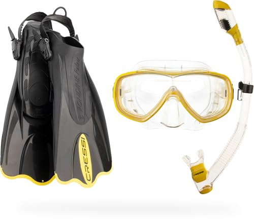 Cressi Palau SAF Snorkeling Set - Yellow, M/L | US Man 8.5/11 | US Lady 9.5/12 - Packable Snorkeling Gear for Adults - Open-Heel Fins - Snorkel Mask & Swim Goggles