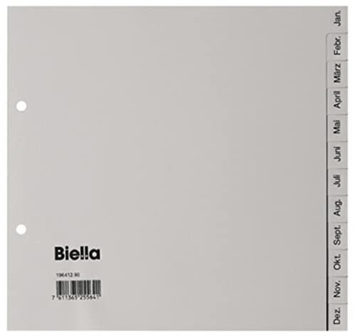 Biella Kunststoff-Register Monate/mit bedruckten Taben Januar-Dezember/Farbe: Grau/Format: 2/3 A4 / für DIN A4 / Plastikregister für die ideale Ablage von Dokumenten