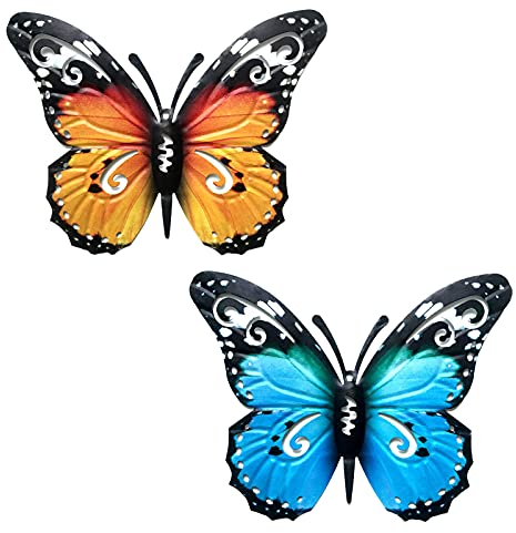 YOUDALIS 2 Stücke Metall Schmetterling Wand Kunst, 3D Schmetterlinge Wanddeko,Bunt Schmetterling Skulptur Hängende Ornamente für Garten Terrasse Outdoor Zaun