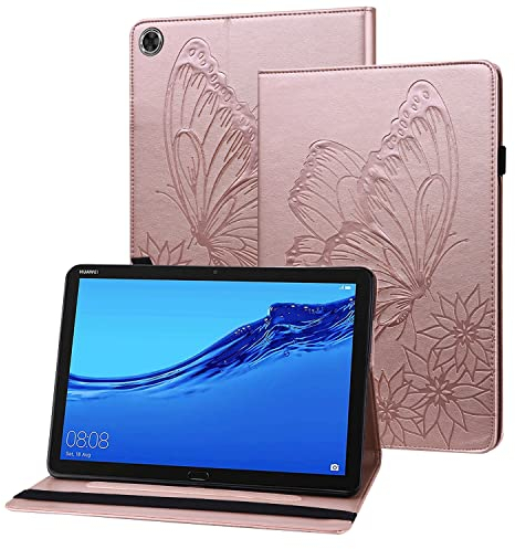 Rostsant Funda Huawei Mediapad M5 Lite 10.1 Carcasa de Cuero PU Relieve de Mariposa con Soporte para Bolígrafo Funda Tableta para Huawei Mediapad M5 Lite 10.1 Pulgada BAH2-W19 BAH2-L09 - Oro Rosado