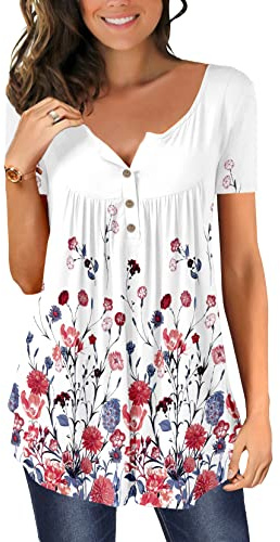 Magritta Womens Summer Tunic Tops Floral Printed Tunics Shirt Short Sleeve Blouse Ladies Tunic Tops for Leggings White Carnation Large