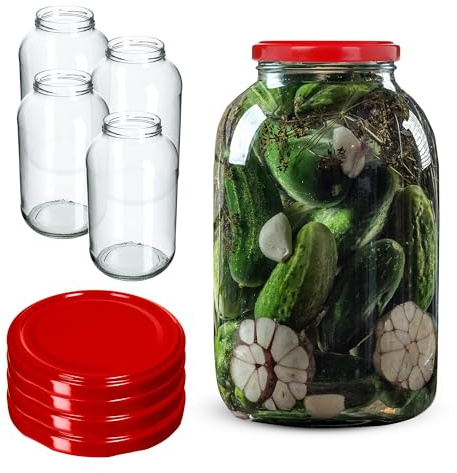 KADAX konserveringsburkar 4 L, väckarburkar, fi100 mm, glasburk för insättning, konserverade glas, runda glas, gurkglas, konserverade burkar (4 stycken, rött lock)