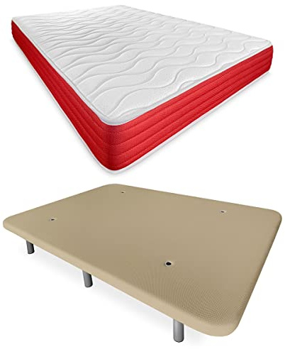DUÉRMETE ONLINE Cama Completa con Colchón Lite Reversible con Base Tapizada Reforzada 6 Patas, Beige, 90 x 190 cm