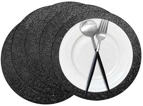 50 Pieces Black Glitter Paper Place Mats Sparkle 14'' Round Disposable Table Mats Black Doilies Decorative Placemats for Wedding Banquet Party Home Dining Table Decor