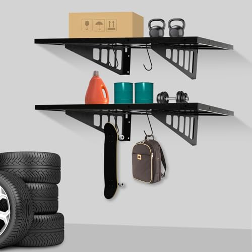 DYRABREST 2-Pack 24 x 36 Garage Wall Shelf Heavy Duty Black Steel Garage Storage Rack 2 Tier Wall Mounted Floating Shelves Bike Storage Rack with 4 Hooks, 560 LBS Weight Capacity