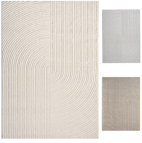 VIMODA Moderner Kurzflor-Teppich Boho Wohnzimmer Schlafzimmer dünn mit 3D Hoch-Tief Effekt Pflegeleicht,Farbe:Creme;Maße:80x150 cm