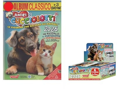 Album figurine Amici Cucciolotti 2026 con 3 bustine + pacco 100 bustine - 6 figurine e una card per bustina + portachiave e penna colorata