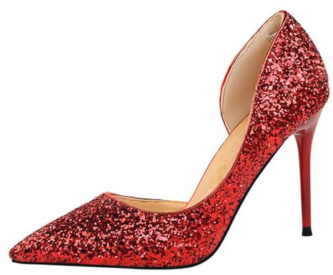 Xinmjoy High Heels for Women Sparkling Glitter Closed Toe Pumps Shoes Sparkly Heels for Wedding Party Evening Casual-Red-UK Size-7.5