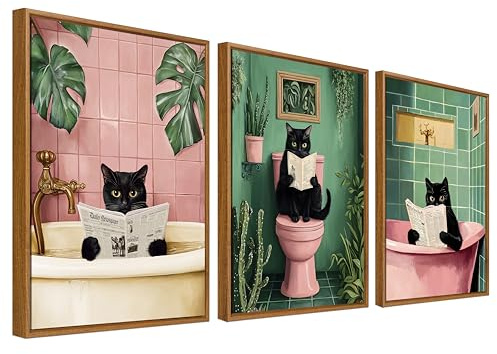 3Pcs Stampa su Tela Con Cornice Divertente Gatto Nero Quadri su Tela Poster da Parete Rosa Verde Piante Gattino che fa il bagno Quadri Moderni Bagno Vasca da Bagno WC Stampe da Parete 30x40cmx3pcs