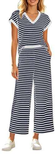Sobzia Completo Donna Estivo,Tuta Estiva in Due Pezzi, a Righe, Camicia a Maniche Corte e Pantaloni, Scollo a V, Tuta da Casa, Elegante, per Ufficio, Lavoro, Lounge Blu L