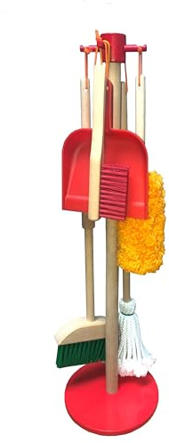 JustForKids Wooden Detachable Kids Cleaning Set - Duster, Brush, Mop, Broom and Hanging Stand Play - Housekeeping Kit - STEM Toys for Toddlers Girls & Boys, Total 6 Pieces,Multi Color,10071