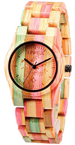 Alienwork Orologio Donna Multicolore Bracciale in Legno Bambù Naturale Fatti a Mano