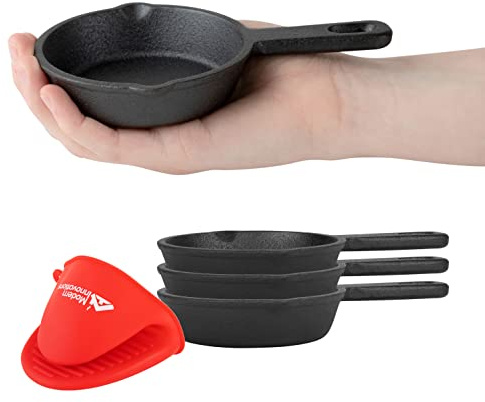 Modern Innovations Black Mini Cast Iron Skillet Set with Silicone Mitt (4 Count) - 3.5 Inch Pans,Pre Seasoned Small Skillets for Baked Cookie/Brownie or Cooked Eggs