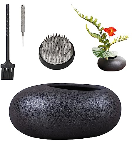 WANDIC Flower Arrangement Kit, Black Pebble Ceramic Planter Pot With 4cm Kenzan Flower Frog Pottery Floral Arranging Pin Needle Holder For Home Decor