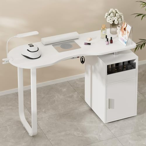 Paddie Manicure Table Nail Desk with Dust Collector, Acetone Resistant Wooden Salon Spa Desk w/Single Cabinet, Drawers, Clip-on LED Lamp & Client Wrist Pad