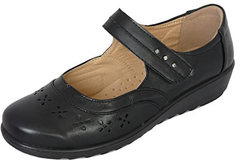 Cushion Walk EEE Wide Fit Womens Ladies Lightweight Black Faux Leather Mary Jane Flats, Casual Work Office School Comfort Shoes (5 UK, Black)