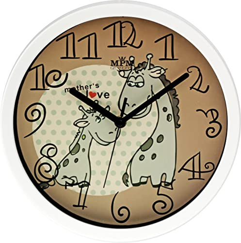 MPM - Reloj de Pared Infantil de plástico con diseño de Jirafa, Color Blanco y marrón, decoración de Pared Adecuada para habitación Infantil