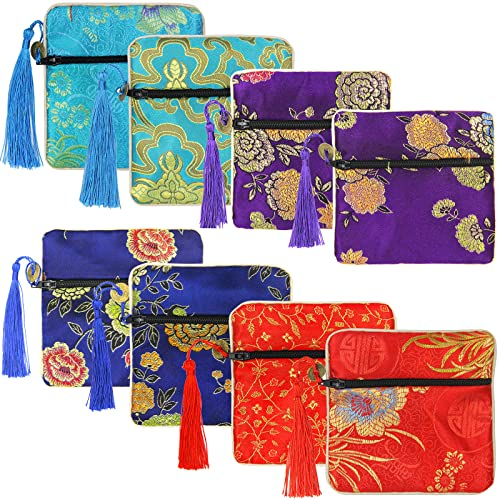 Pinowu 8pcs Silk Brocade Jewelry Bags with Zipper (11.5x11.5cm), Jewellery Silk Purse Pouch Gift Bags for Women Coins Traveling Jewelry Rolls Wedding Birthday Party Favors