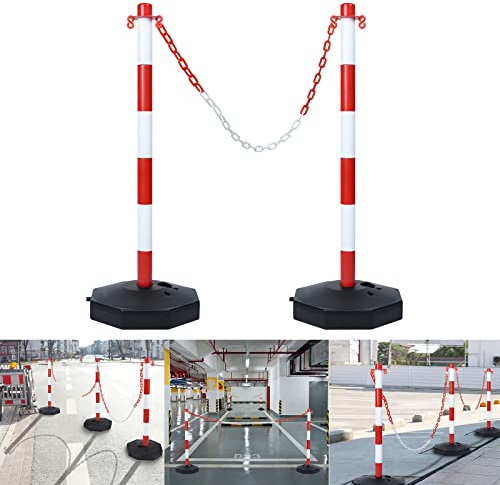 YRHome Pack de 2 postes de barrera de 82 x 28 x 28 cm postes de cadena de plástico postes de barrera con 2 cadenas de barrera de 140 cm y base rellenable con agua y arena blanco/rojo