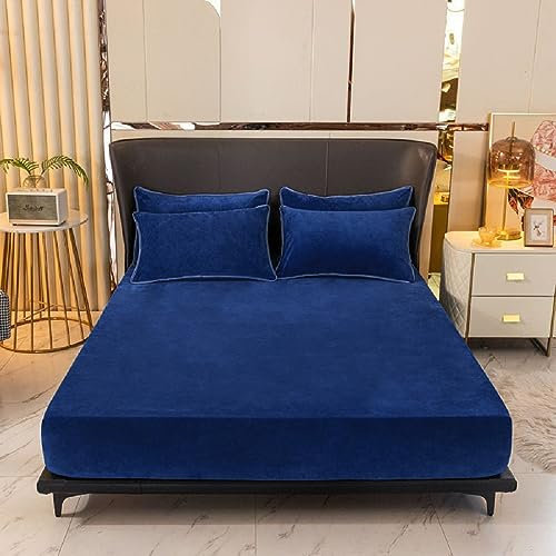 Fleece Spannbettlaken Spannbetttuch Warm Winter 160x200 Blau Dunkelblau Flausch Cashmere Touch Teddy Plüsch Flanell Kuschelig Flauschig Nicki Velours Bettlaken für Boxspringbett Hohe Matratzen 30 cm