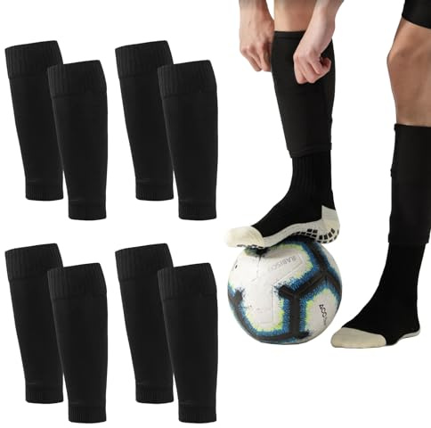 4 Pairs Football Sock Sleeves, Shin Guard Sleeves, Team Leg Sock Sleeve for Football Running or Training Beginner(Black Adult）