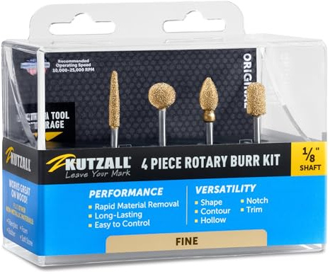 Kutzall 4-Piece Rotary Burr Kit - 1⁄8 Shaft, Fine - Wood Carving Bits for Dremel, Foredom, Ryobi, DeWalt, Milwaukee Tools - Structured Tungsten Carbide