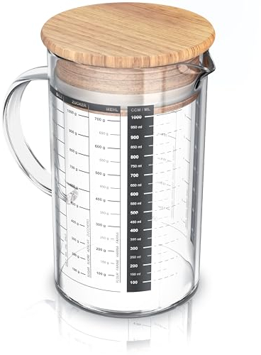 Arendo Jarra dosificadora de vidrio 1000ml 1L, Recipiente de vidrio, Jarra medidora de cocina transparente, Jarra de vidrio borosilicato, Junta de silicona, Jarra medidora de cocina, Vaso medidor