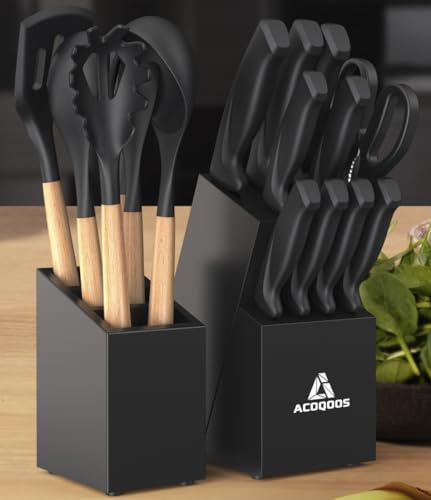 Knife Set with Kitchen Utensils Set - Complete 18-Piece Knife Set forKitchen with Block - Includes 10-Piece Knives & 6-Piece Silicone Utensil