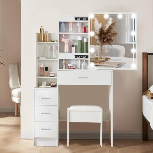 Buildonely Sminkbord med spegel och LED-belysning, 3 färgtemperaturer och justerbar ljusstyrka, 1 pall, vitt, 139 x 83 x 36 cm