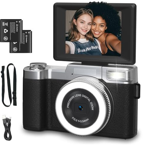 4K Digital Camera for Photography, 64MP Vlogging Camera for YouTube with Flip Screen, Point and Shoot Camera for Teens with Built-in LED Selfie Light, Vlog Camera for Beginners with 2 Batteries