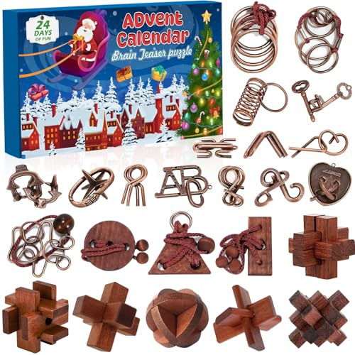 Calendario dell'Avvento 2025 per Bambini e Adulti - 24 Giorni di Giochi Rompicapo in Legno e Metallo, Test di Logica per il QI - Regalo di Natale per Ragazzi e Ragazze