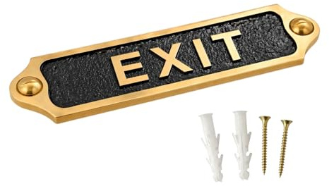 EXIT Brass with Black Door & Wall Sign Plaque | Metal Emergency Wayfinding Name Plate with Screws | Classic Safety Signage for Office Shop Restaurant Public Areas | 22 x 5 cm | EXIT